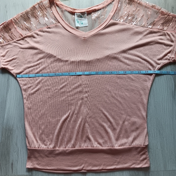 Threads V-neck Mesh Sequined Dolman Short Sleeve T-shirt Top Blush Pink Medium - Picture 7 of 10